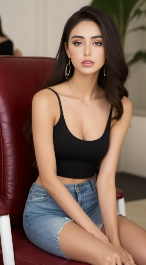 arafed woman sitting in a chair in a salon with a laptop, violet myers, lorena avarez, olivia culpo, alanis guillen, looks like laura barriales, portrait sophie mudd, tanned ameera al taweel, beautiful mexican woman, she is wearing a black tank top, julia ...