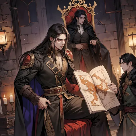 Castlevania Shadow Lord handsome Muscular Lord Dracula wearing Islamic Armors getting ready for battle in the throne room with his soldiers looking into Map of Conquest discussing old scenes from cinematic scrolls movie Epic legendary perspective