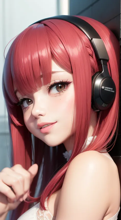 (obra prima) (ultrarealista) (anime 4k) (anime 8k) menina linda com fones de ouvido, sorrindo, cabelo rosa, jaqueta preta e rosa, foto perfil