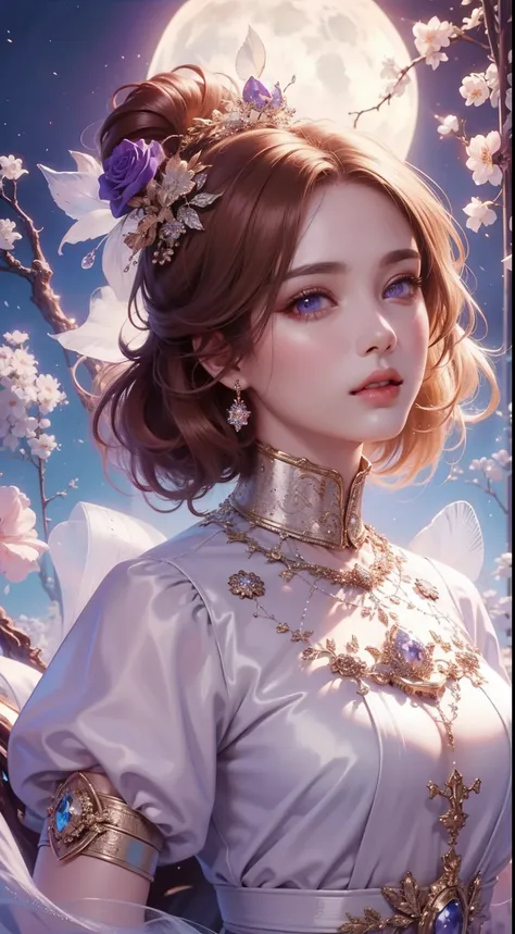 tmasterpiece，Highest high resolution，((themoon))，Dynamic bust of a beautiful aristocratic maiden，elegantly coiled brown chestnut hair，Purple clear eyes，Hair is covered with beautiful and delicate floral craftsmanship, Crystal Jewelry Filigree，Ultra-detaile...