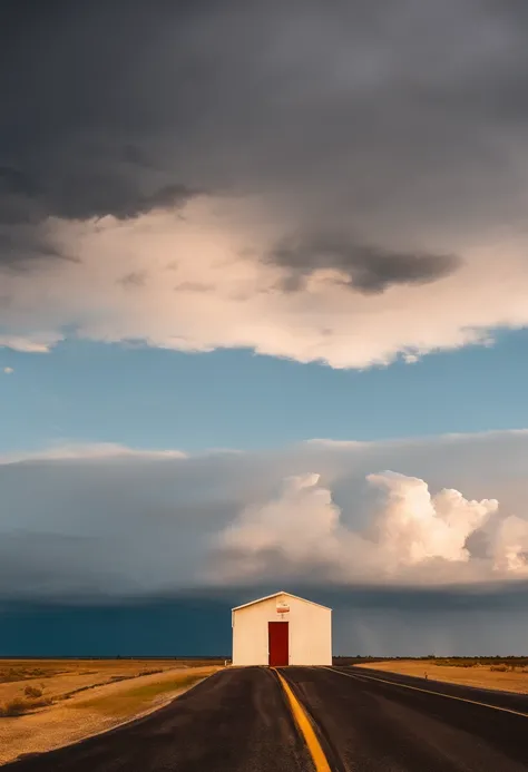 Down Rt. 66 Before the Great Storm, Nostalgic, Annual lighting display, cumulonimbus clouds, voluminetric lighting, Big sky