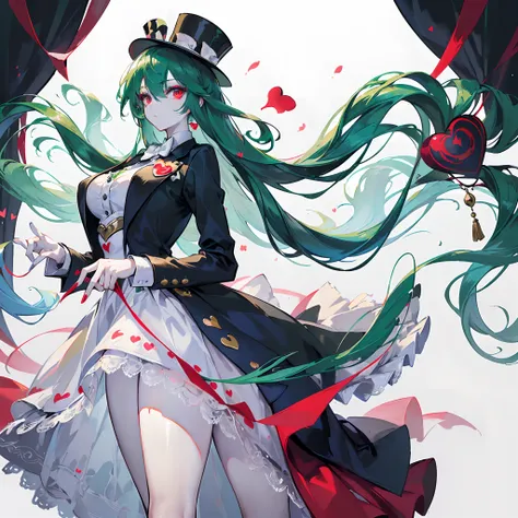 ((Masterpiece)), ((Best Quality)), ((Best Quality)), (Illustration of One Girl), Emerald Green Long Hair, (((Tall)), (White Skin), Red Eyes, Blue Eyeliner, ((Makeup with a heart symbol around the left eye)), ((Tuxedo)), (Top Hat)), Clown, (Circus)