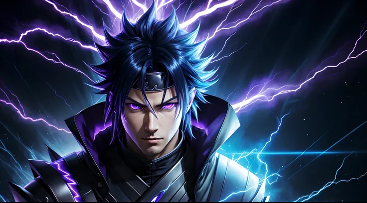 handsome Sasuke portrait with lightning blue purple background, solo, perfect rendering, glowing black aura, evil aura, 8k anime, epic anime about a creature with lightning power, epic anime style majestic, menacing aura, dark aura, evolves into his final ...