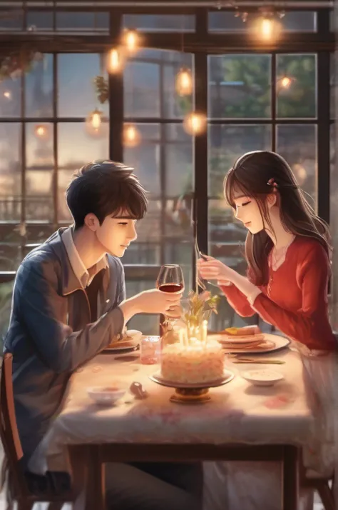 This realistic and detailed image shows a romantic couple celebrating their birthday。Boyfriend and girlfriend wearing stylish and comfortable clothing，Sit at a well-designed dining table。The dining table is lined with delicate cutlery、Vases and candles，Cre...