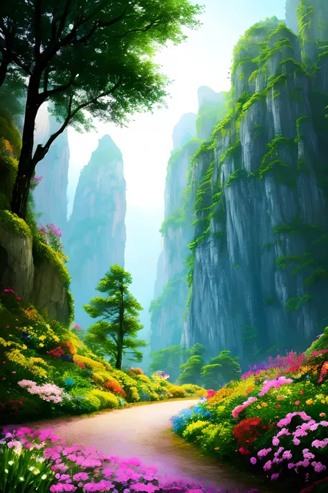 tmasterpiece，Best quality at best，high high quality，the Extremely Detailed CG Unity 8K Wallpapers，A charming dream scene in Zhangjiajie，towering trees，Glowing mushrooms and hidden fairy canyons，Creates a mysterious and captivating feeling，artstation，digita...