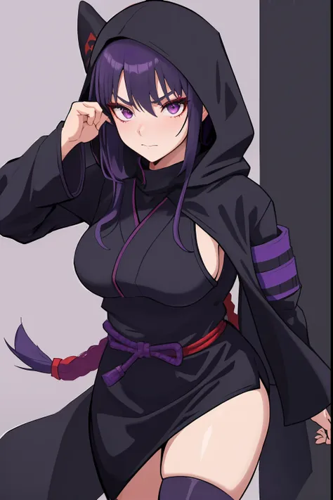 black hood and cloak, purple eyes, purple hair, (((black and red ninja outfit))), combat boots, shy expression, close up, solo female, medium breasts, hands behind back, detailed