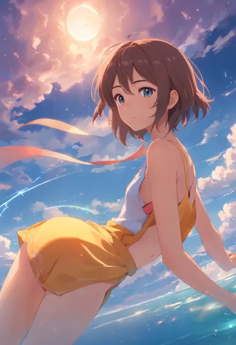 tmasterpiece，best qualtiy，cinematic Film still from，1girl，Cloud Girl，Floating in the sky，closeup cleavage，brightly，cheerfulness，Warm and soft lighting，Sunset naked sleep，No Holy Light，quadratic element，Tong