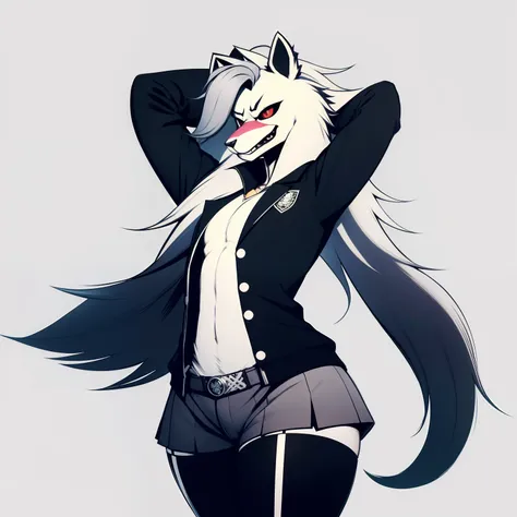 standing, danganronpa style, white background, arms crossed furry, solo,