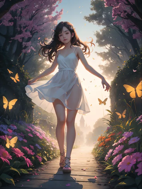 1girl, solo, full body, (masterpiece:1.21), (best quality:1.2), colorful, (illustration:1.2), (cinematic lighting:1.1), (bare shoulders:1.21), (collarbone:1.21) in this whimsical A beautiful and dreamlike garden, the scene is illuminated by a rainbow (colo...