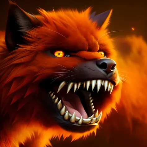 (best quality, 4k, highres, realistic:1.37), orange-colored, furry creature, animated, dark, night, shadows, piercing red eyes, sharp teeth, only the face, furious expression, wild fur