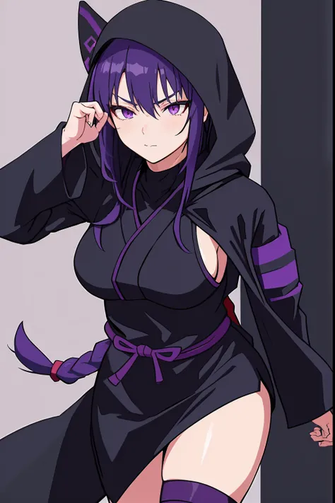 black hood and cloak, purple eyes, purple hair, (((black ninja outfit))), combat boots, shy expression, close up, solo female, medium breasts, hands behind back, detailed