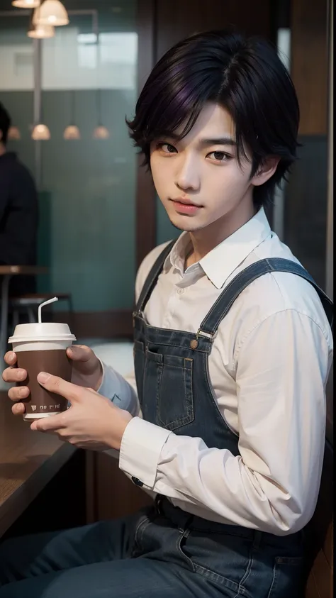 there is a boy that is holding a cup of coffee, korean boy, realistic young korean boy, cute natural korean face, realistic portrait, cute, attractive anime boy, photorealistic anime, mysterious coffee shop boy, young boy, purple themed, purple hair, kpop ...