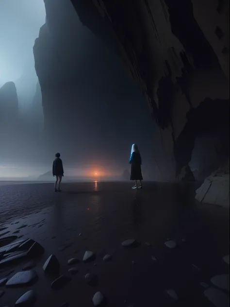 People walking on the beach，The background is a car, otherworldly visuals, cave exploration, depicted as a scifi scene, by jessica rossier, Look at a mysterious cave, inspired by jessica rossier, Realism | beeple, highly detailed surreal vfx, all inside an...