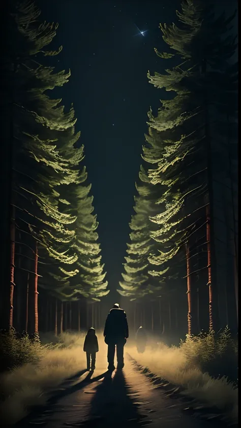 Thriller film poster, three brothers go on an adventure to find their father. The atmosphere in the middle of a pine forest at night