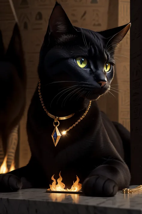 (Detailed description), (ultra Realista), (cinemactic) All black cat with Egyptian necklace and bracelet, short hair, olhos verdes grandes, Sentado, olhando de frente ao espectador, inside an Egyptian pyramid, night, Night sky, Moon light, fire lights, ref...