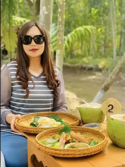 woman sitting at a table with a plate of food and a coconut, assamese aesthetic, profile pic, 30 years old woman, eating, 3 0 years old woman, ❤🔥🍄🌪, traditional art, mukbang, 🤬 🤮 💕 🎀, yummy, 💋 💄 👠 👗, food, having a picnic, candid picture, candid photo