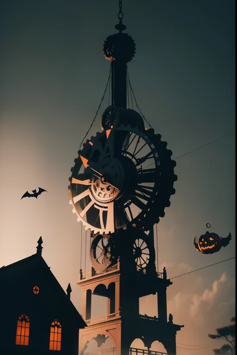 Halloween. A huge clock gear flies in the air high above the ground. Gears turn the mechanism of the Halloween holiday. Sparks. shadows of huge ghosts. cinematic. Super realistic. Blurred dark gloomy background. light haze.