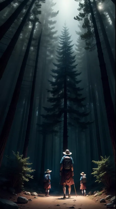 three brothers go on an adventure to find their father. The atmosphere in the middle of a pine forest at night