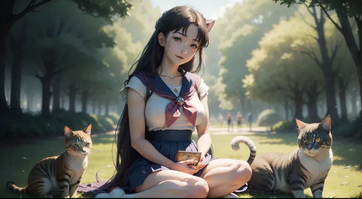 Extremely detailed portrait of sailor moon, a medium-breasted girl smiling, sitting straight towards the camera on the green grass, stroking the head of a lovely cat, color digital painting, high detail, digital painting, artstation, intricate, sharp focus...