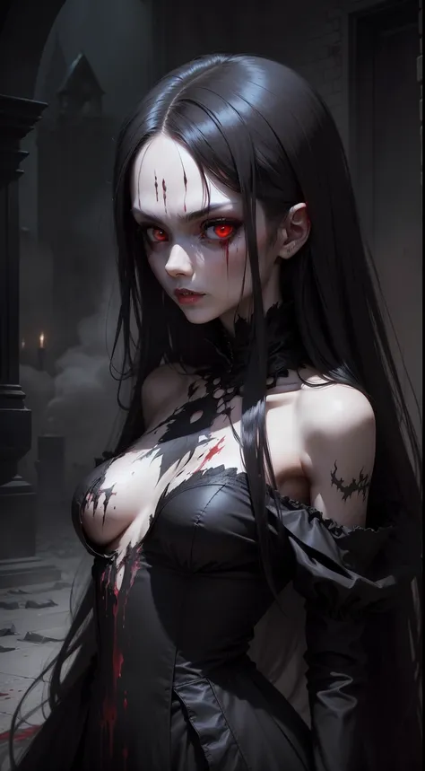 (masterpiece), A very pal humanoid character, with red eyes, horror, she is creepy, she is scary, shock value, very evil, she is skinny, evoke, fear, terror, dread, decay, disgust, dark, unusually thin, thin, scraggly, emaciated, twisted, frightening, sick...