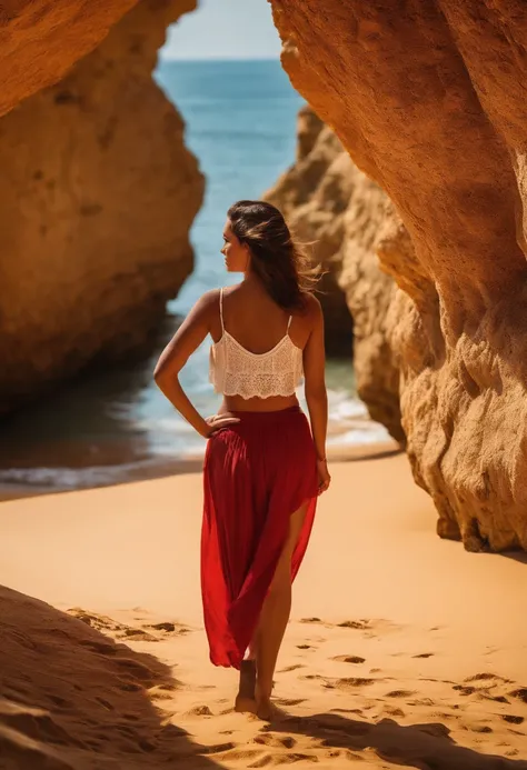 generate me a beautiful moroccan girl 1m70 85kg ,brune whos walking under Algarve rock on portugal beach .