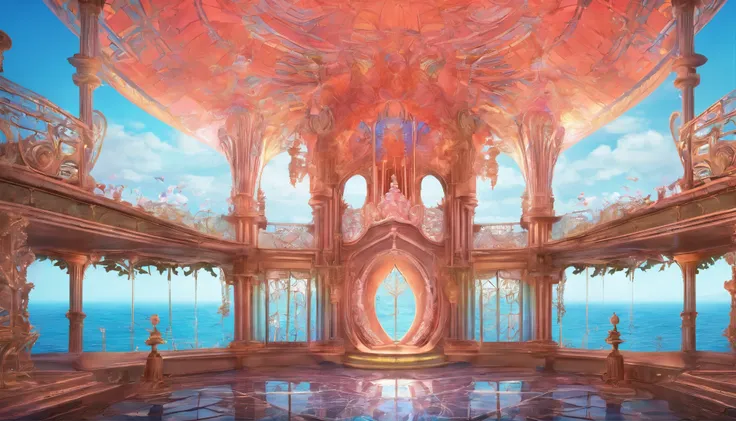 Virtual scene design, coral art installation above the blue ocean, galvanized fiberglass with rainbow gradient, surreal visual representation, magnificent architecture, unique, intricate, exquisite details,（blender, oc rendering, natural light, ray tracing...