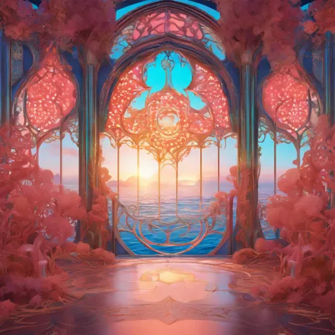 Virtual scene design, coral art installation above the blue ocean, galvanized fiberglass with rainbow gradient, surreal visual representation, magnificent architecture, unique, intricate, exquisite details,（blender, oc rendering, natural light, ray tracing...