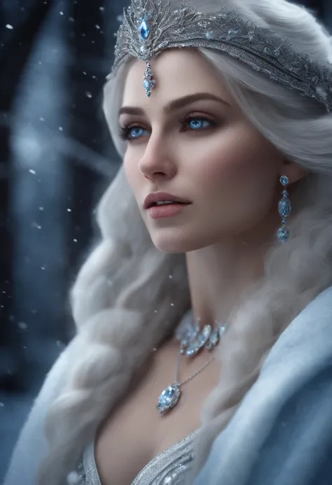 The Snow Queen, Cold beauty, Perfect chiseled facial features of the Greek goddess of beauty, fine facial traits, White Skin Skin, white colored hair, ultra realistis, photo realism, finely detail, Best Quality, CG Unity wallpapers with high detail 8k, per...