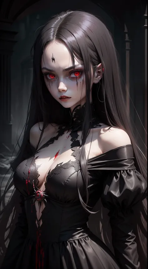 (masterpiece), A very pal humanoid character, with red eyes, horror, she is creepy, she is scary, shock value, very evil, she is skinny, evoke, fear, terror, dread, decay, disgust, dark, unusually thin, thin, scraggly, emaciated, twisted, frightening, sick...