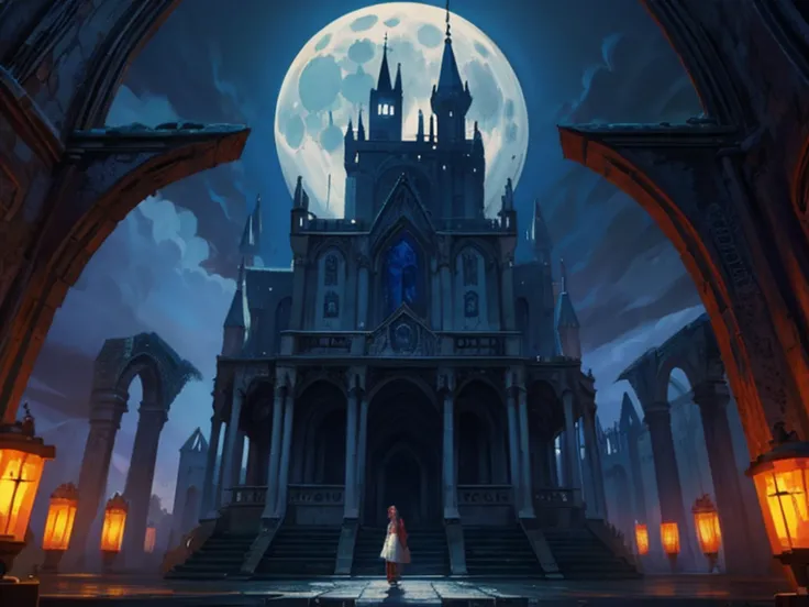 pixel art, ruins, haunted house, The Legend of Dracula, moonlight, low resolution