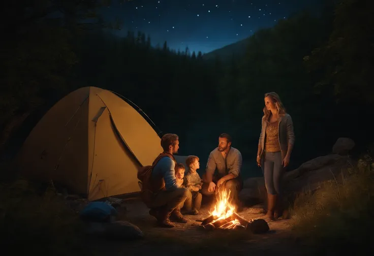 FATHER, MOTHER AND CHILDREN CAMPING TOGETHER, CAMP FIRE, NIGHT, MOONLIGHT, NATURE, GOLDEN RETRIEVER, FIRE FLIES, 8K, detailed matte painting, deep color, fantastical, intricate detail, splash screen, complementary colors, fantasy concept art, 8k resolution...