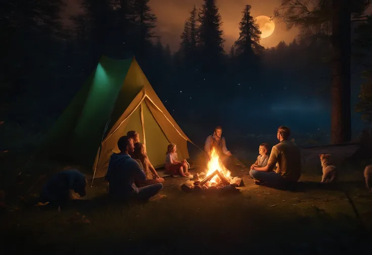 FATHER, MOTHER AND CHILDREN CAMPING TOGETHER, CAMP FIRE, NIGHT, MOONLIGHT, NATURE, GOLDEN RETRIEVER, FIRE FLIES, 8K, detailed matte painting, deep color, fantastical, intricate detail, splash screen, complementary colors, fantasy concept art, 8k resolution...