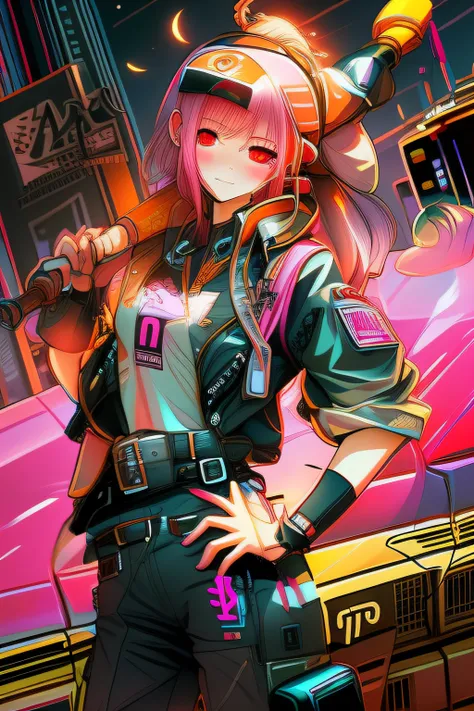 anime girl with pink hair holding a baseball bat in front of a car, neonpunk, digital cyberpunk anime art, modern cyberpunk anime, cyberpunk art style, cyberpunk anime art, cyberpunk artstyle, digital cyberpunk - anime art, anime cyberpunk art, in cyberpun...