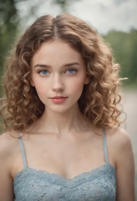 "Full body portrait of a charming girl with curly hair, petite figure, beautiful face, captivating blue eyes, and modest bust size, showcasing her natural beauty."