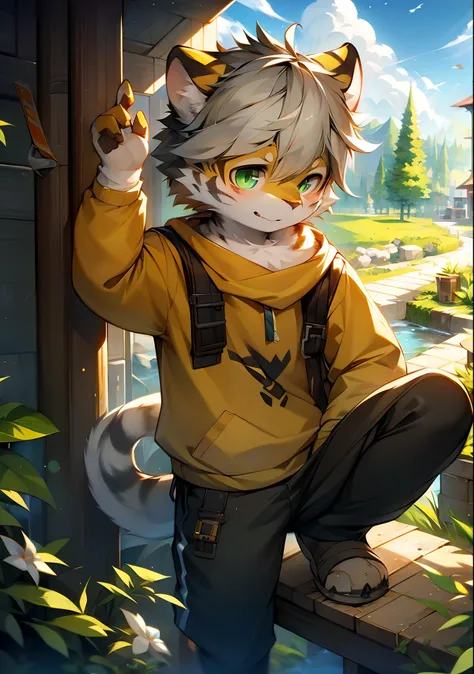 （catss，Gray hair and green pupils，Yellow and white coat color，adolable，vivaciousness，Libido boy，underage,Wear a sweatshirt with a pink pattern，lively and lovely，shorter pants, Wind element，shaggy），Digital artwork with cinematic lighting.A boy，Monosomy anth...