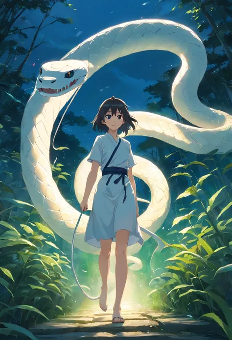 A white snake tail，Skimming through the weeds，The huge white snake behind the girl, the celestial white snake, (((Elegant white snake)), Eerie light，Dark night，high high quality，fog atmosphere，(Chinese folk suspense supernatural comic style),High detail, S...