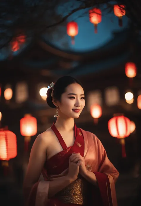 1womanl, 24 years of age，Chinese beauty，Chinese costumes，gorgeous，the night，Ancient Chinese architecture，court，Chinese elements，Numerous sky lanterns，lantern，