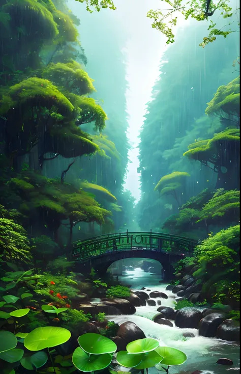 jungles，with intense rainfall，Mono Color，vines all around，giant and wet trees，tmasterpiece，Best quality at best，high qulity，The most beautiful Zhangjiajie,small bridge flowing water,Large green lawn and some oddly shaped stones,The is very detailed, CG uni...