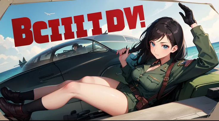 WWII poster requesting enlistment, beautiful pinup woman with black hair, air force,, anime style