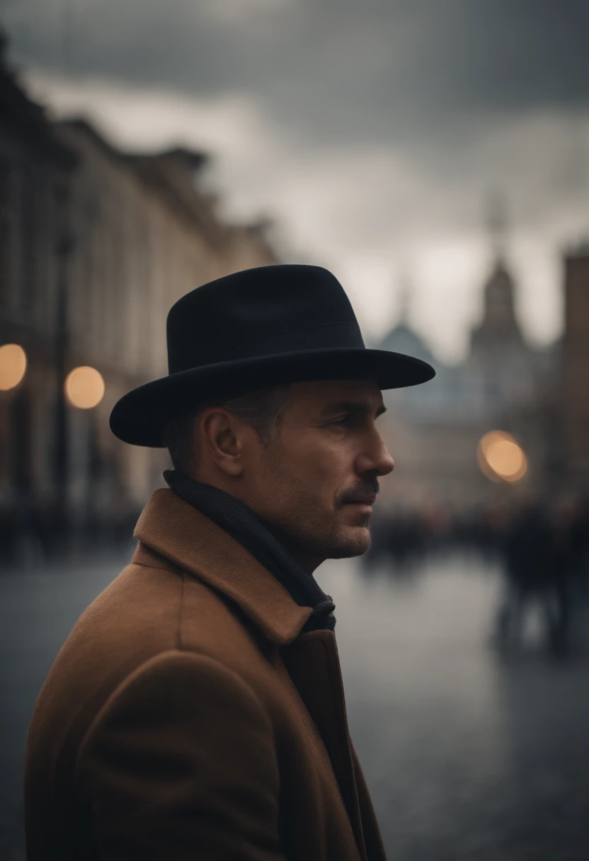 A man in a hat,urban in the background,social clothes