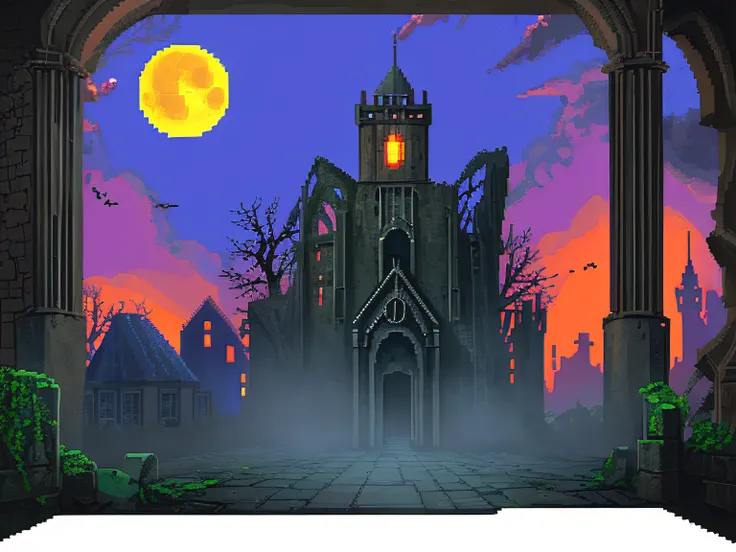 pixel art, ruins, haunted house, The Legend of Dracula, moonlight, low resolution