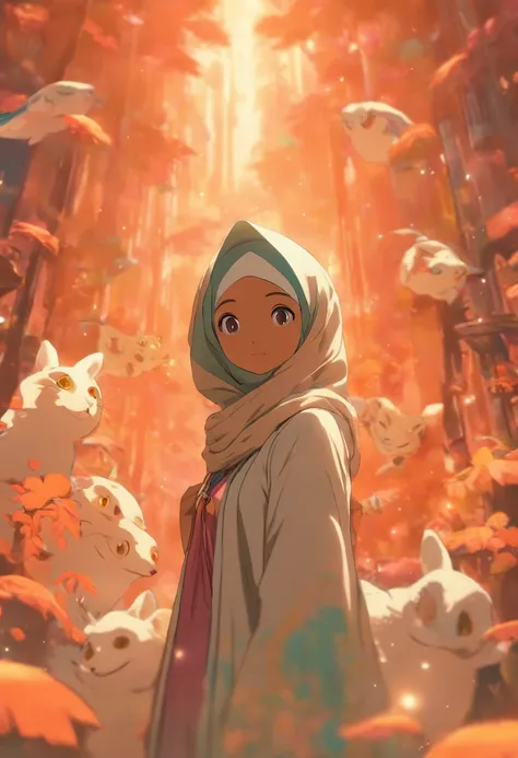 Create a whimsical and imaginative photography edit featuring a Malay girl in hijab wearing sportswear, who finds herself trapped in a fantastical world. Beside her, introduce a weird, funny, and cute creature that embodies the charm and peculiarity of thi...