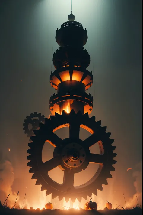 Halloween. Medieval times. An infinitely huge gear flies in the air high above the ground. Gears rotate the mechanism of the Halloween holiday. sparks. Many shadows of huge ghosts. Cinematic. super realistic. Blurred dark gloomy background. Light haze.