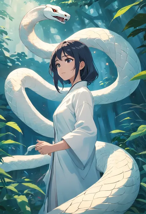 A white snake tail，((big white snake)), (Chinese snake) , (((((((Celestial snake head))))), white snake head, white snakeSkimming through the weeds，The huge white snake behind the girl, the celestial white snake, (((Elegant white snake)), Eerie light，Dark ...