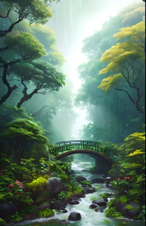 jungles，with intense rainfall，Mono Color，vines all around，giant and wet trees，tmasterpiece，Best quality at best，high qulity，The most beautiful Zhangjiajie,small bridge flowing water,Large green lawn and some oddly shaped stones,The is very detailed, CG uni...