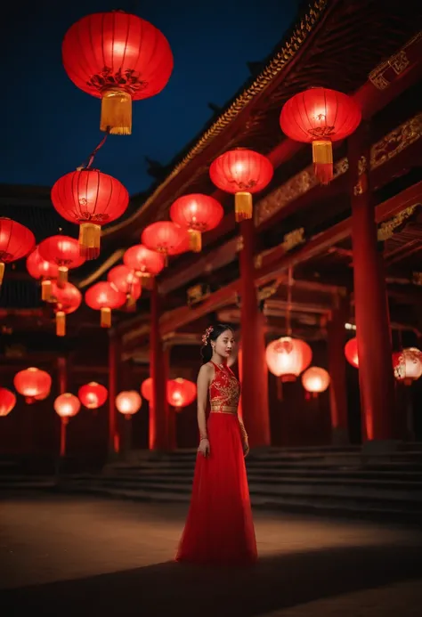 1womanl, 24 years of age，Chinese Beauty，Chinese costumes，Gorgeous，the night，Ancient Chinese architecture，Court，Chinese elements，Numerous sky lanterns，lantern，new year，Red ribbon，