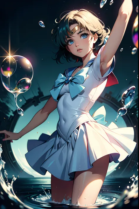 absurdres, (best quality), (masterpiece),(ultra-detailed:1.2),(photorealistic:1.1),ultra high res,(front:1.2),cowboy shot,
1girl,standing,spread arms,armpit,
mer1, tiara, sailor senshi uniform, melting,splashing,bubble,Glittering,
(water:1.3),(swirling:1.2...