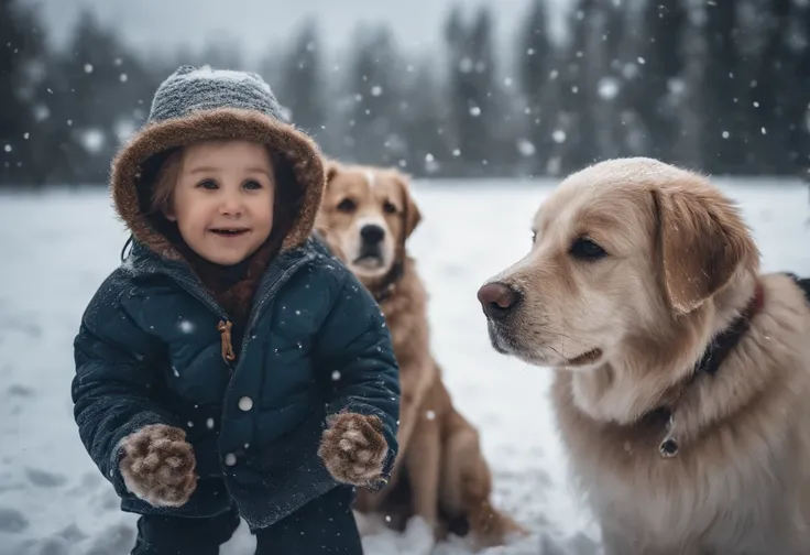 CHILDREN PLAYING IN THE SNOW, WINTER, SNOWING, DOG, 8K, intricate details, HDR, beautifully shot, realistic, sharp focus, 64 megapixels, perfect composition, high contrast, cinematic, 8K