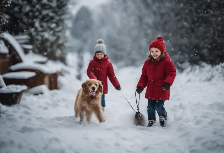 CHILDREN PLAYING IN THE SNOW, WINTER, SNOWING, DOG, 8K, intricate details, HDR, beautifully shot, realistic, sharp focus, 64 megapixels, perfect composition, high contrast, cinematic, 8K