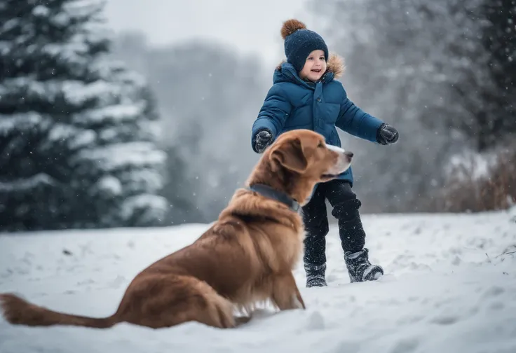 CHILDREN PLAYING IN THE SNOW, WINTER, SNOWING, DOG, 8K, intricate details, HDR, beautifully shot, realistic, sharp focus, 64 megapixels, perfect composition, high contrast, cinematic, 8K